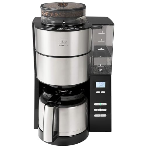 Melitta AromaFresh – Filterkaffeemaschine – integriertes Mahlwerk – mit Thermoskanne – Tropfstopp – 10 Tassen – Schwarz (1021-12)